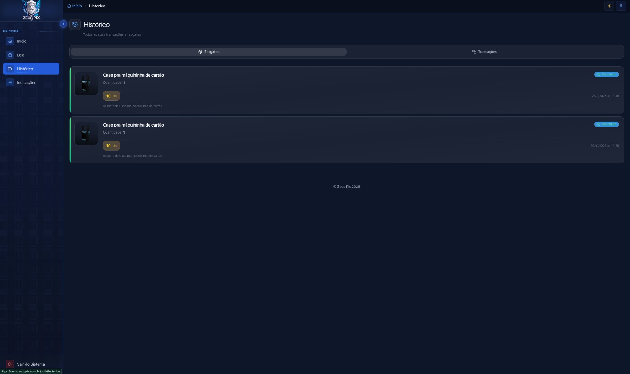 Histórico de transações e resgates
