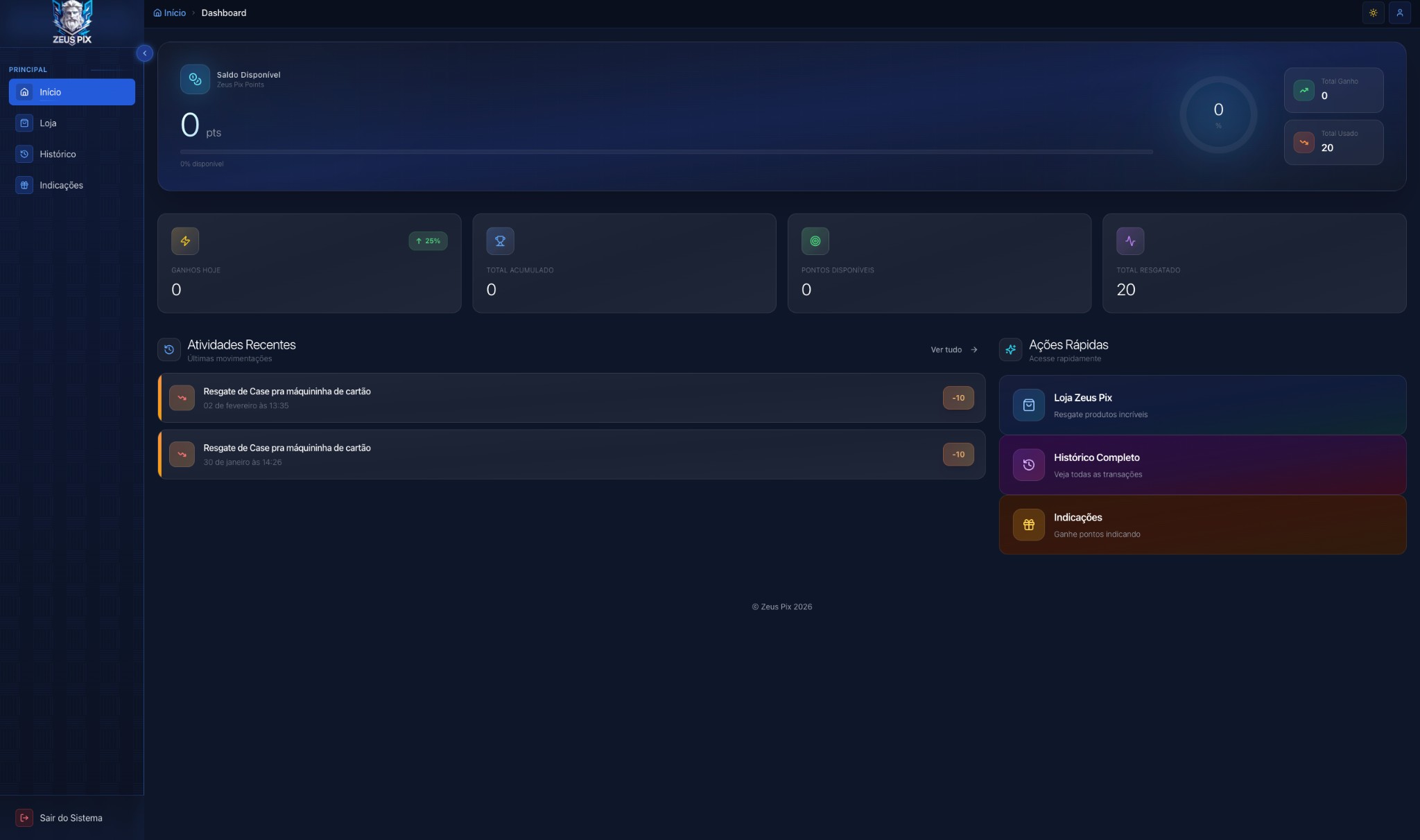 Dashboard Zeus Pix — Início
