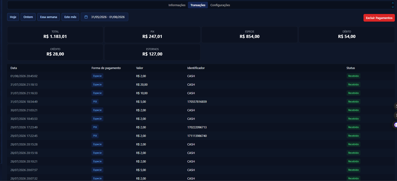 Tela de transações do dashboard Zeus Pix com tabela detalhada por máquina