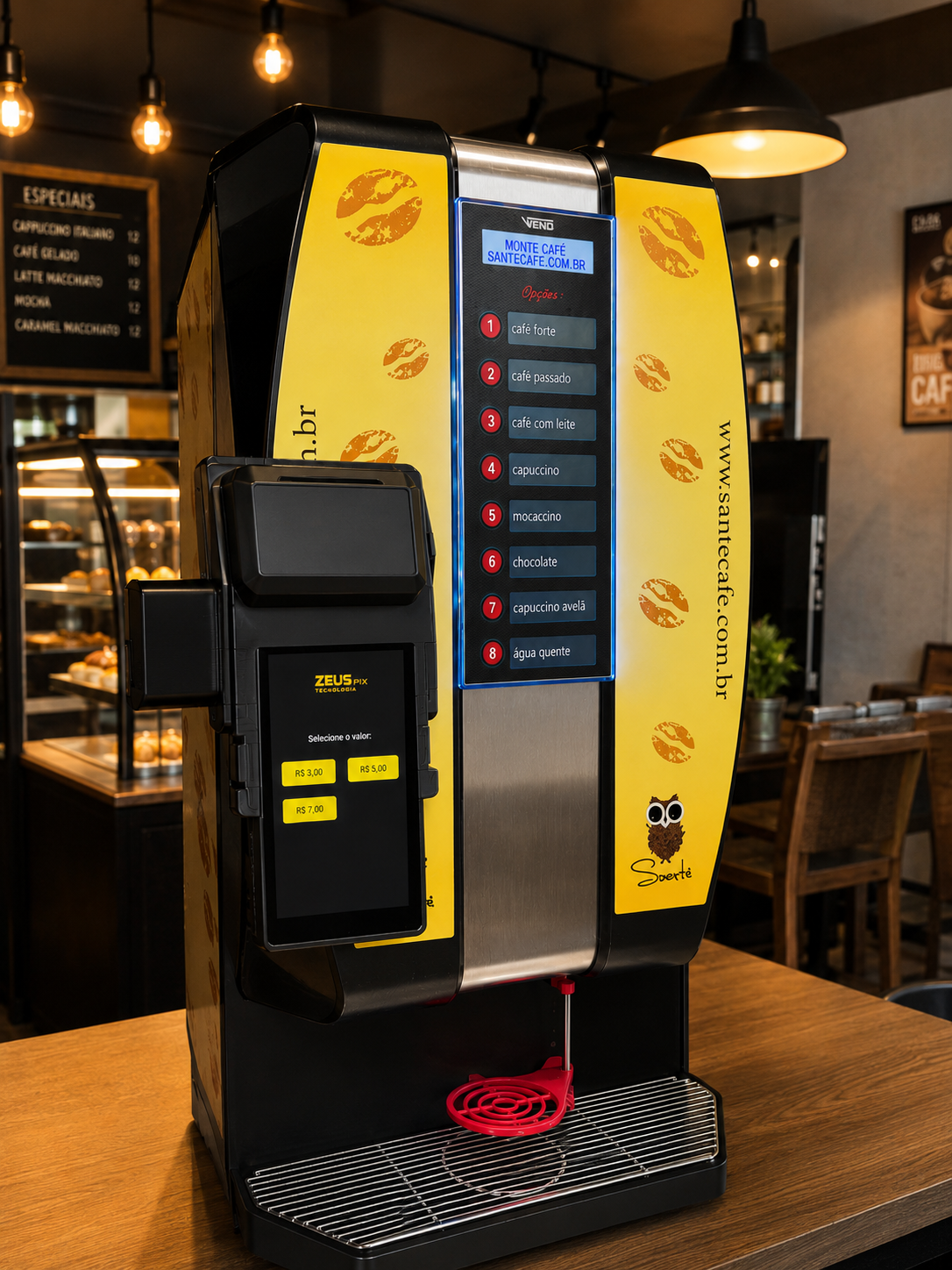 Máquina de café Zeus Coffee com terminal Zeus Pix em uma cafeteria